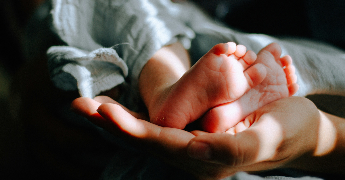 Newborn baby's tiny feet resting in a parent's hand